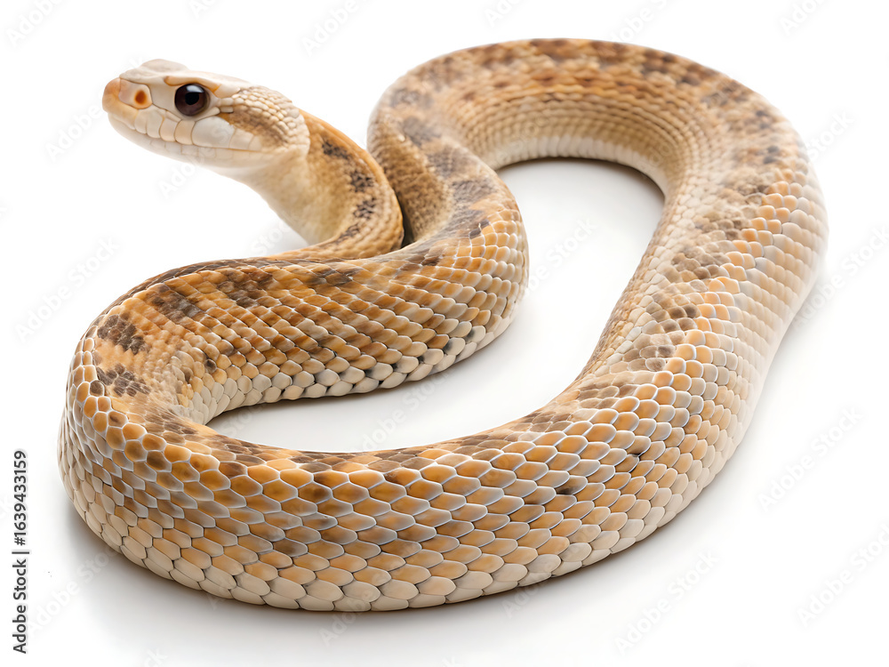 Fototapeta premium A coiled snake with patterned scales and a pale head on a white background in a studio setting