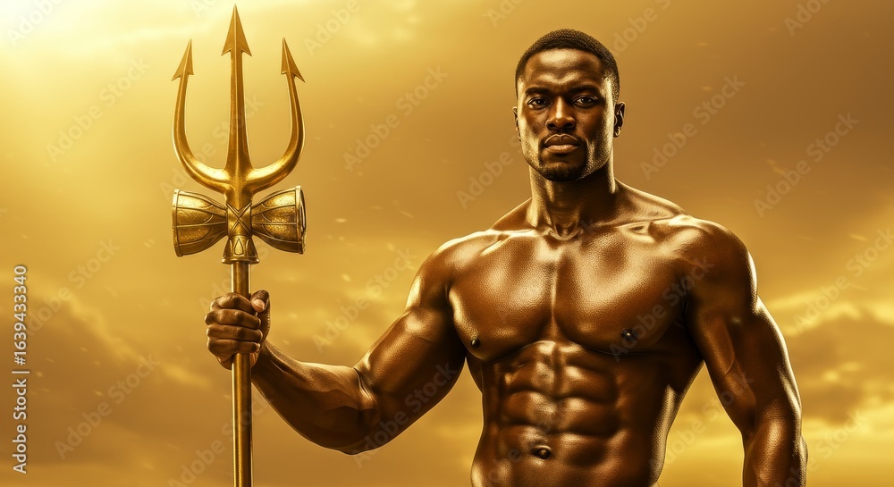 Obraz premium Golden Protector: Muscular Warrior Poised with Trident Against a Golden Sky