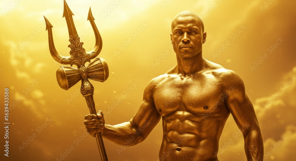 Fototapeta premium Golden skinned warrior holding trident bathed in divine light and power