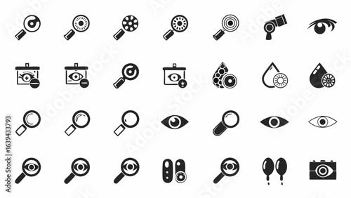 Illustration showing a collection of eye care related icons including magnifying glasses and eye drops icons silhouette