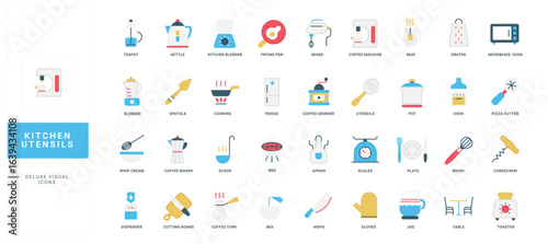 Essential kitchen utensils and appliances icons labeled for easy identification perfect for cooking blogs, recipe websites, or culinary guides modern flat style vector illustration