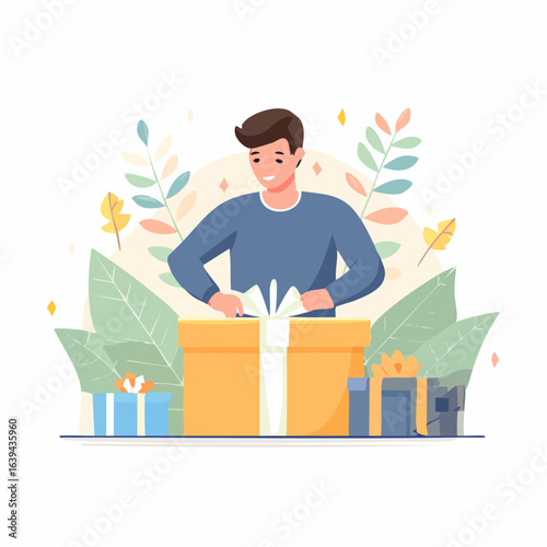 A cheerful young man happily opens a large yellow gift box, surrounded by presents and foliage.