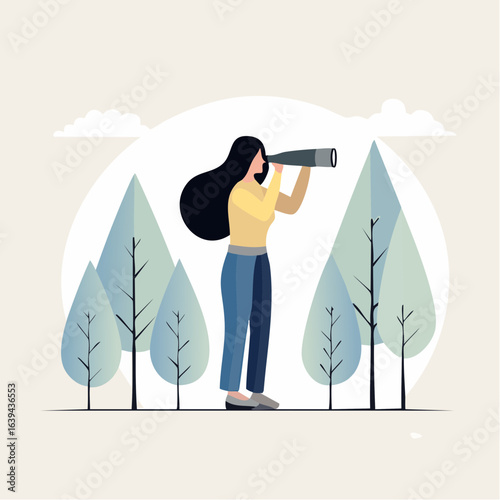 A woman with long black hair looks through a telescope, searching for a vision of the future in a stylized forest.