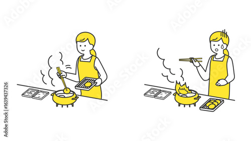 キッチンで揚げ物を作る女性、アクシデント