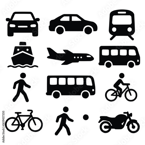 Collection of black transportation icons including cars bus train airplane boat bicycle motorcycle and pedestrian figures isolated on white background