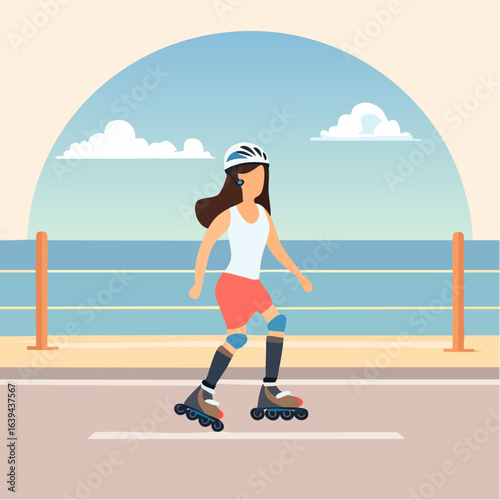 Woman rollerblading along a coastal path, enjoying a sunny day.
