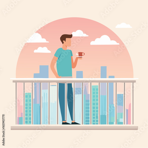 A man stands on a balcony overlooking a cityscape, holding a coffee cup and enjoying the view at sunrise or sunset.
