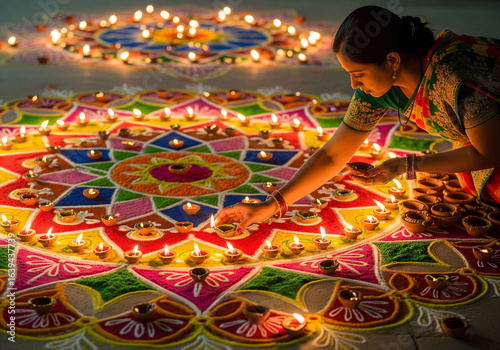 A woman lights clay lamps on a vibrant rangoli during a festival of lights