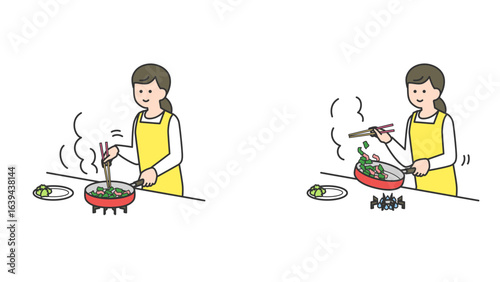 キッチンで炒め物を作る女性