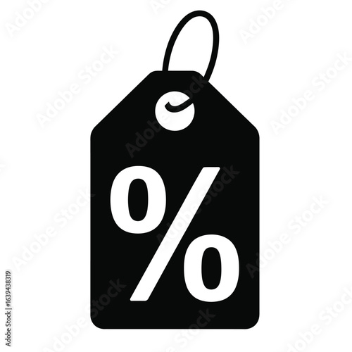 Black and white vector icon of a discount tag with percentage symbol representing sales and promotions