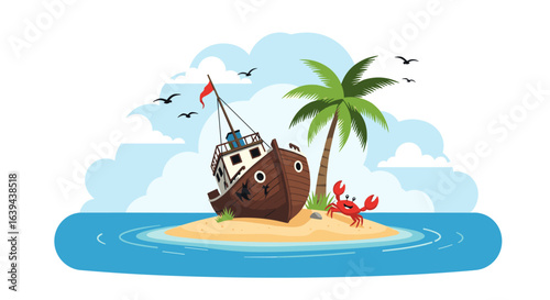 A rusty shipwreck washed ashore on a small tropical island with a lone palm tree and a curious crab