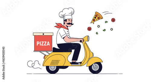 Skilled chef expertly delivers delicious pizza on a vibrant yellow scooter