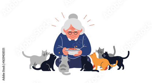 Elderly woman generously feeds hungry kittens a delicious meal surrounded by her loving feline friends