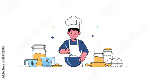 Young chef skillfully mixing ingredients in a blue bowl surrounded by baking essentials