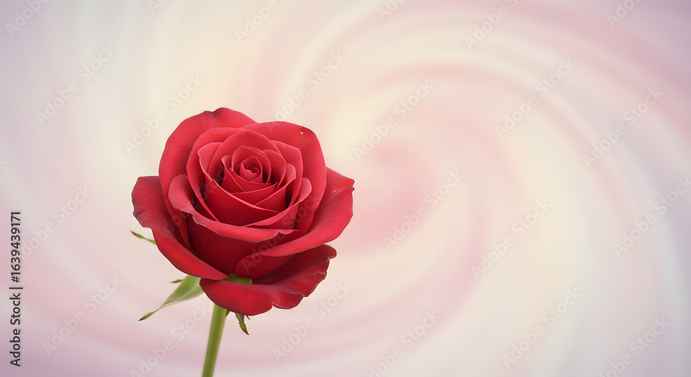 Fototapeta premium Captivating crimson rose set against a dreamy swirl of pastel hues, radiating elegance and charm, perfect for conveying affection and sophisticated beauty evoking a sense of romance