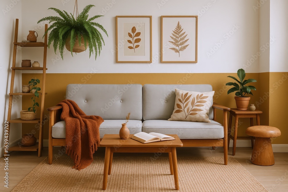 Obraz premium Cozy Living Room Scene with Mid-Century Modern Furniture, Botanical Art, and Warm Earth Tones Creating a Relaxing Ambiance