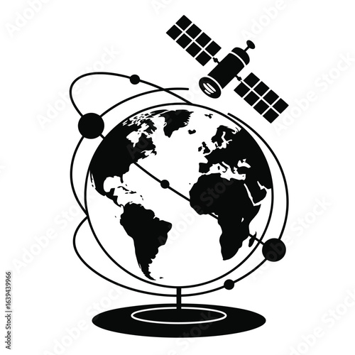 Black and white vector icon of a globe with satellite orbiting symbolizing global communication and networks