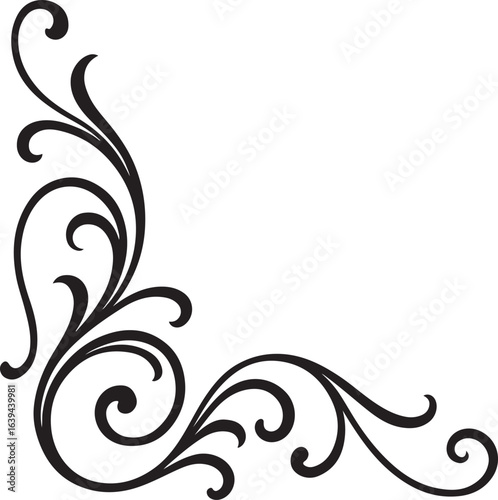 Ornate black corner flourish design isolated on white background