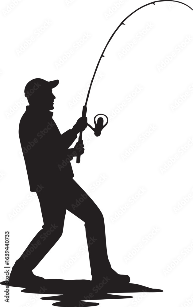 Obraz premium Silhouette of a fisherman reeling in a catch isolated on white background