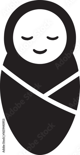 Simple black and white icon of a sleeping baby wrapped in a swaddle