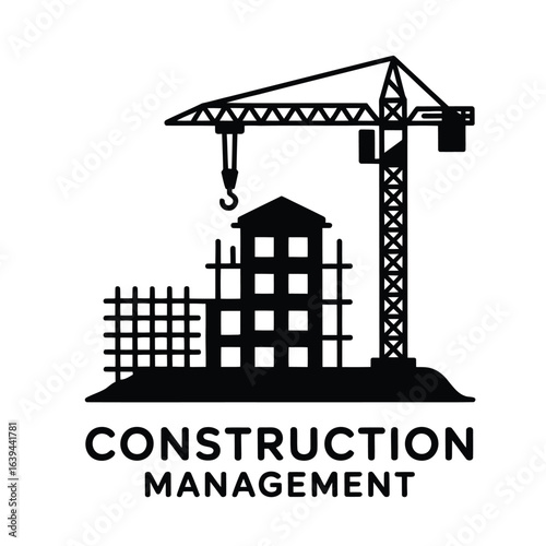 Black and white vector icon of construction site with crane and building under development for corporate management app