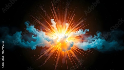 Bright explosion with smoke and light on black background