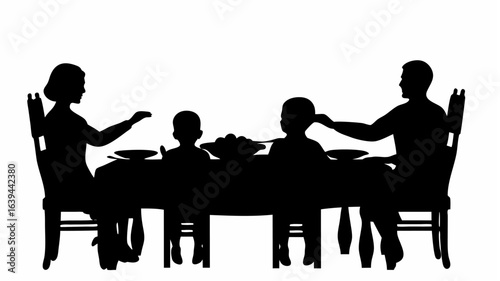 Silhouette of a family of four seated around a dining table with food and plates in monochrome style art