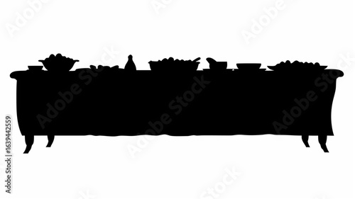 Silhouette of a buffet table laden with bowls, bottles, and serving dishes against a white background