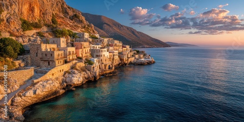 Fototapeta Naklejka Na Ścianę i Meble -  Sunset over Mediterranean village built on cliffs, ocean glistening below