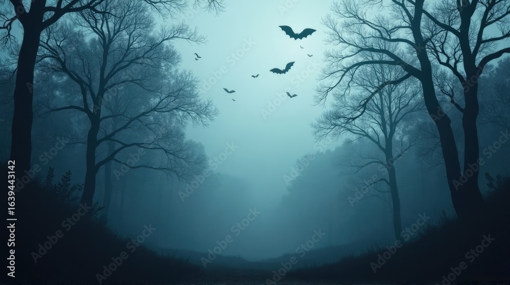 Obraz premium Mystical Dark Forest Scene with Bats Flying in Foggy Blue Atmosphere