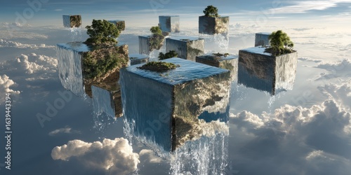 Fototapeta Naklejka Na Ścianę i Meble -  Suspended world pieces with water spilling into endless skies