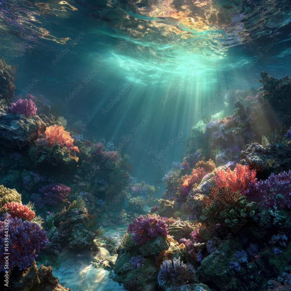 Fototapeta premium Underwater coral reef scene, sunlight beams, ocean floor, vibrant colors, marine life background, ideal for marine conservation