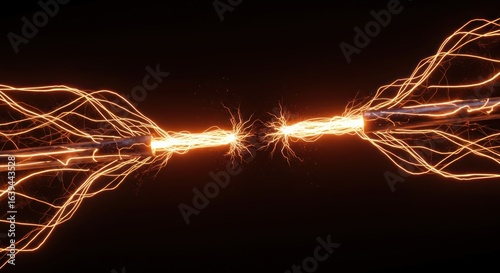 Two ends of metal rods emitting bright orange electrical arcs on a black background