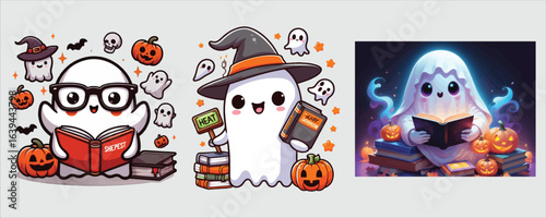 Vector art of cute ghost reading book for halloween day