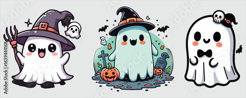Vector art of cute halloween ghost with a witch hat