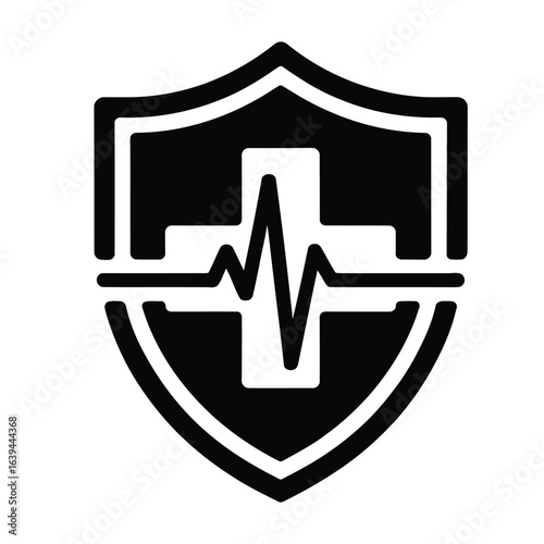 Black and white vector logo of a shield with a cross and heartbeat line symbolizing healthcare and protection