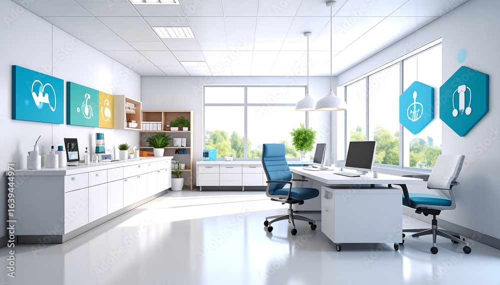 Modern, bright office space with laboratory equipment. Modern, bright office space with laboratory equipment.