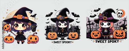 Vector art of cute witch with pumpkins for halloween
