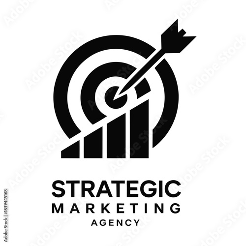 Black and white vector logo of target with bullseye and arrow symbolizing precision and goal achievement for marketing agency