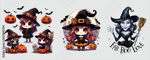 Vector art of cute witch with pumpkins and bats