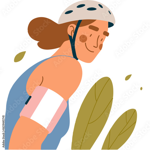Young woman wearing helmet and pink armband 