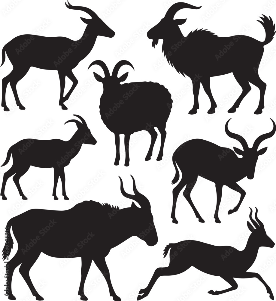 Fototapeta premium Diverse collection of black animal silhouettes including goats and antelopes on white sheep
