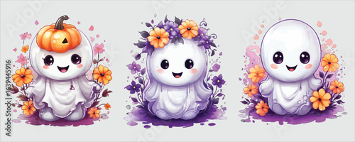 Vector art of cute halloween ghost with flowers and pumpkin