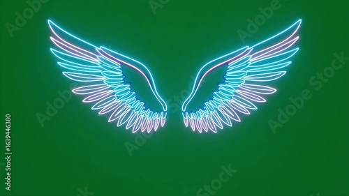 A pair of glowing angel wings with pink and cyan neon light flapping on a green screen background