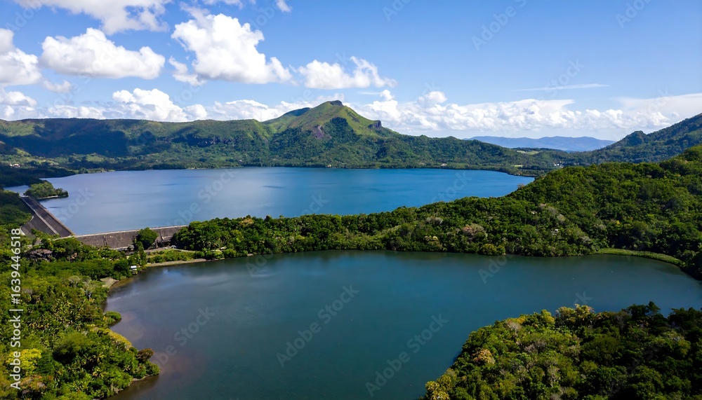Scenic view of a lake surrounded by lush greenery and mountains. Scenic view of a lake surrounded by lush greenery and mountains.