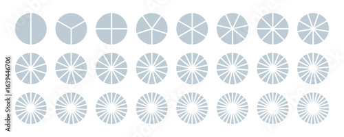 Circle pie chart diagram set. Infographic wheel segment. Symmetrical slices section from 2 to 25 parts. Perfect for dashboard, business presentation, report, pizza, fraction, piechart and portion