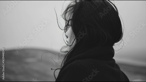 Attractive asian woman with windblown hair looking serious. Black and white film noir portrait for artistic concept video footage.
