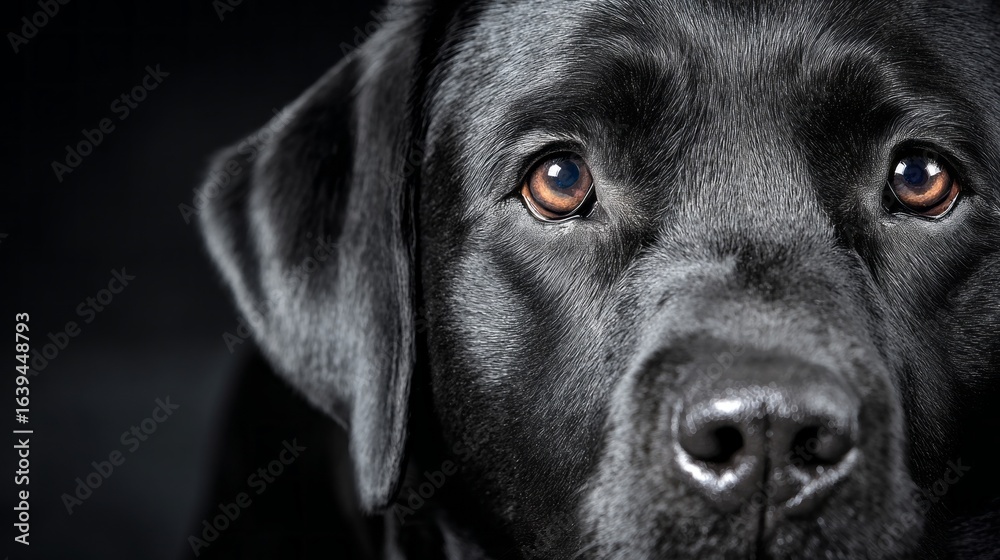 Fototapeta premium Black dog portrait showcasing calm expression in a dimly lit setting, emphasizing fur texture and expressive eyes for a captivating view