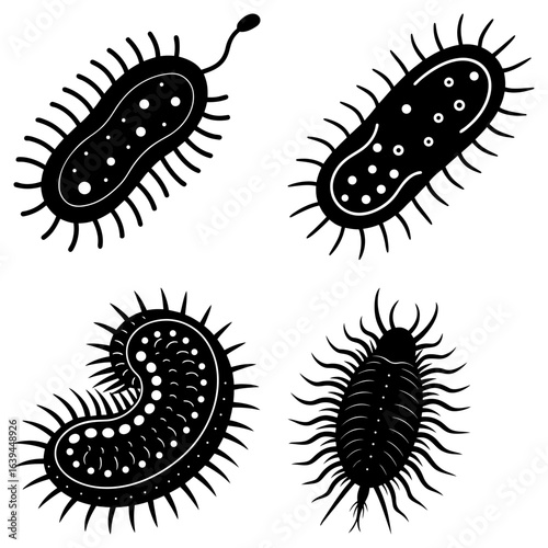 Illustration showing a collection of different types of bacteria with varying shapes and features
