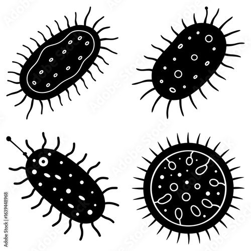 Illustration of four different types of bacteria cells with various shapes and appendages displayed